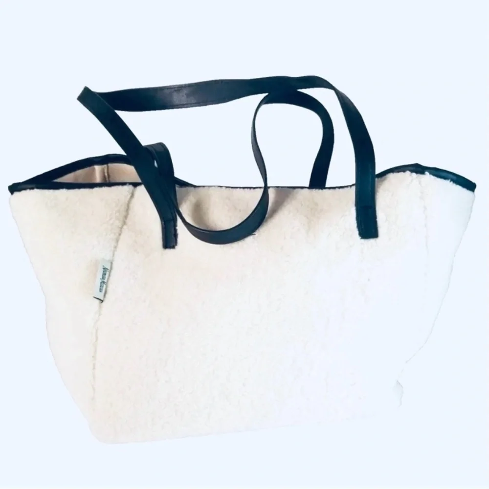 NEIMAN MARCUS Faux Fur Sherpa Shoulder Bag, off white